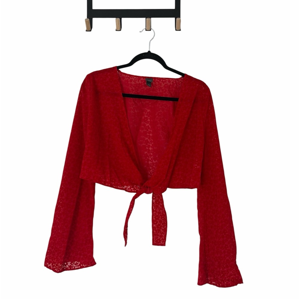 Cherry‎ girl front tie bell sleeve sheer cropped top